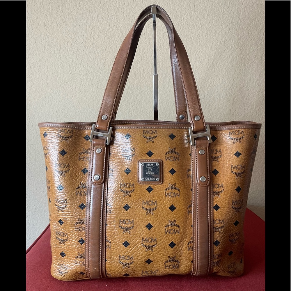 MCM Cognac Visetos Monogram Leather Tote with Black Logo Print